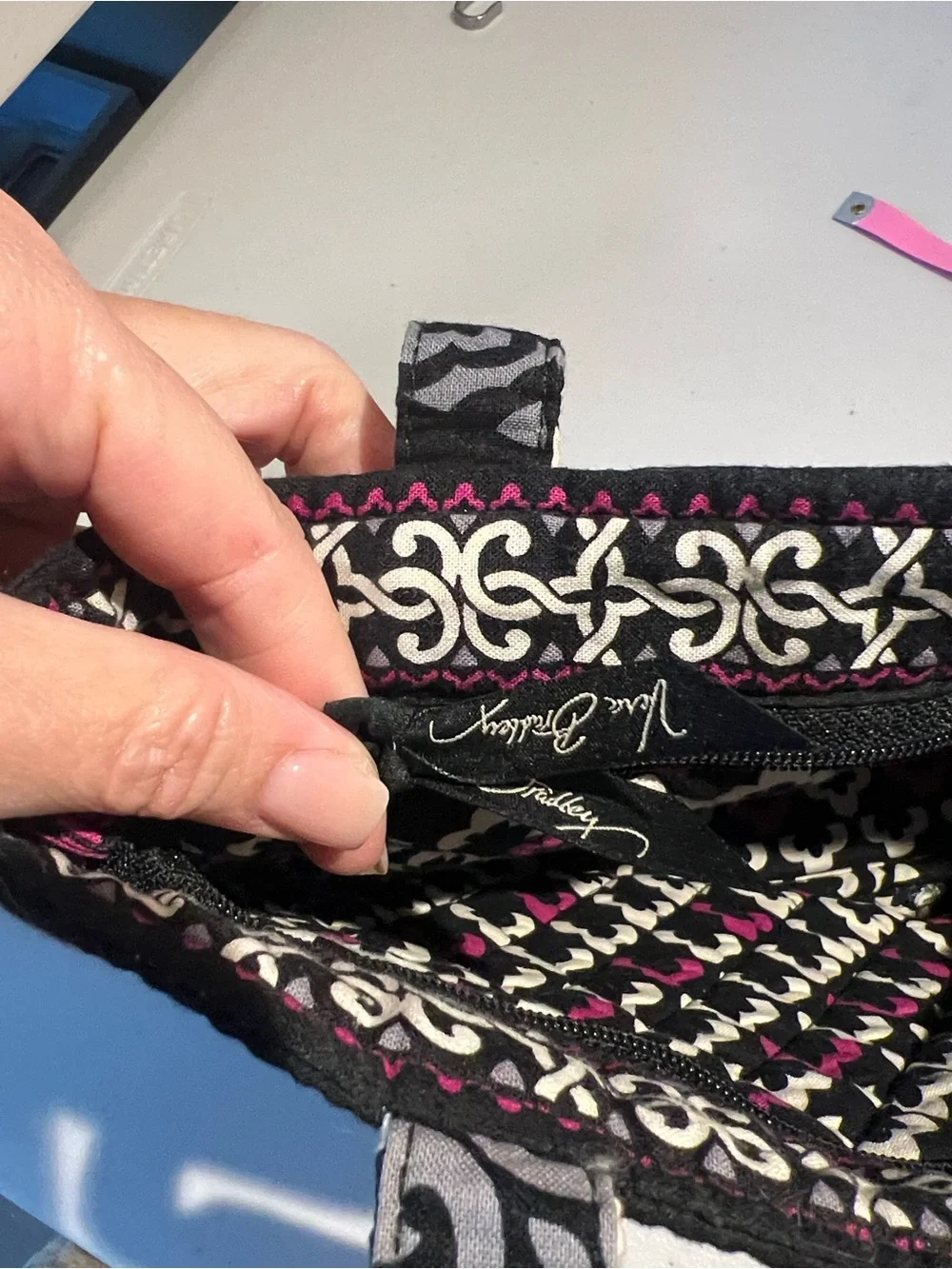 Vera Bradley Black Quilted Tote with Magenta and White Medallions